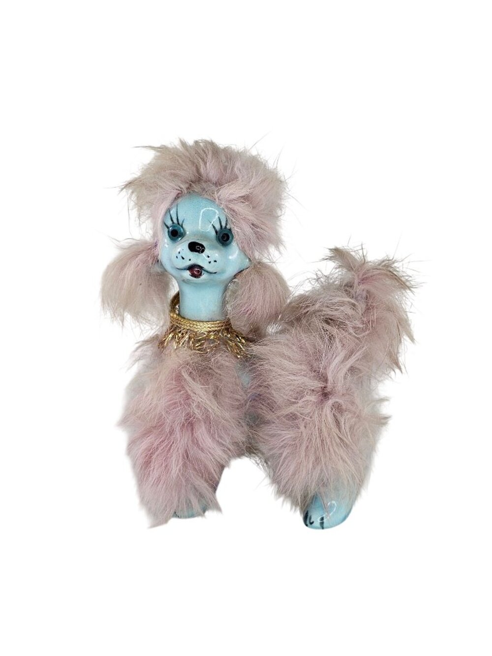 Vintage 1960s Porcelain Poodle Figurine Pink Fur Napco Japan Blue Eyes MCM